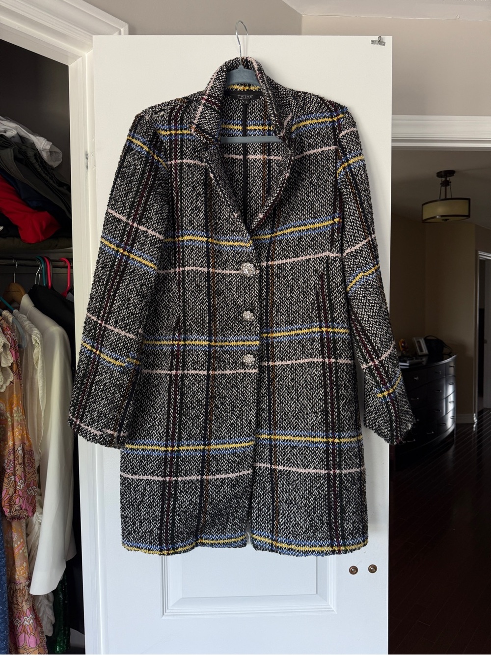 Womens Black Plaid Wool-Blend Pea Coat with Pastel Trim